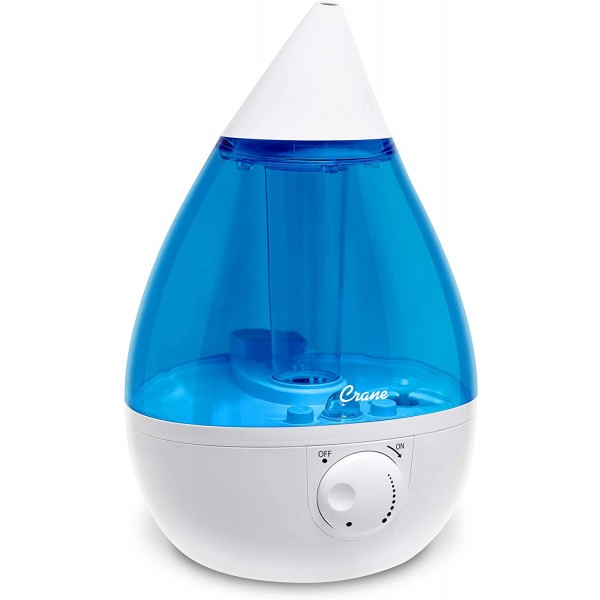 Crane Drop Ultrasonic Cool Mist Humidifier, Filter Free, 1 Gallon, 500 Sq Ft Coverage, Air Humidifier for Plants Home Bedroom Baby Nursery and Office, Blue and White