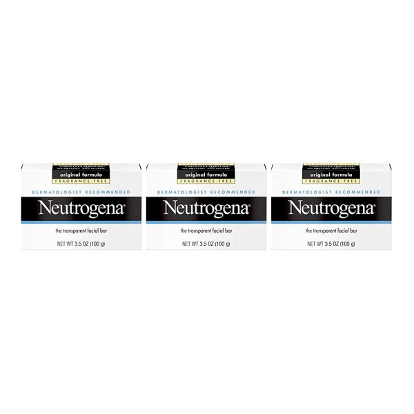 Neutrogena Original Fragrance-Free Facial Cleansing Bar with Glycerin, Pure & Transparent Gentle Face Wash Bar Soap, Free of Harsh Detergents, Dyes & Hardeners