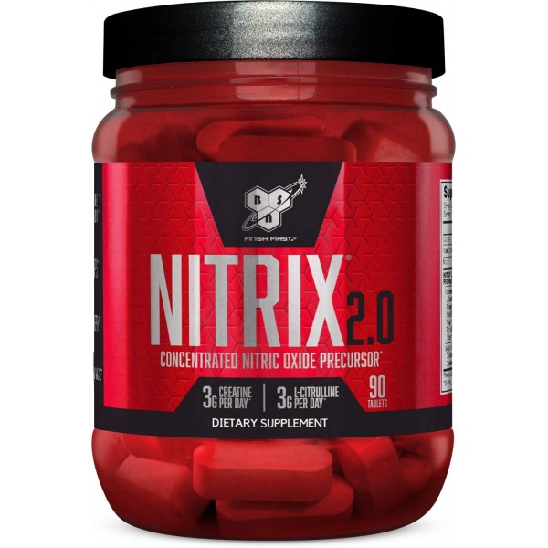 BSN NITRIX 2.0 - Nitric Oxide Precursors, 3g Creatine, 3g L Citrulline - Supports Workout Performance, Pumps, Muscle Recovery and Endurance - 90 Tablets