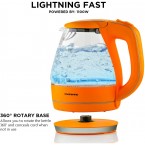 Ovente Portable Electric Glass Kettle 1.5 Liter with Blue LED Light and Stainless Steel Base, Fast Heating Countertop Tea Maker Hot Water Boiler with Auto Shut-Off & Boil Dry Protection, Orange KG83O