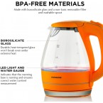 Ovente Portable Electric Glass Kettle 1.5 Liter with Blue LED Light and Stainless Steel Base, Fast Heating Countertop Tea Maker Hot Water Boiler with Auto Shut-Off & Boil Dry Protection, Orange KG83O