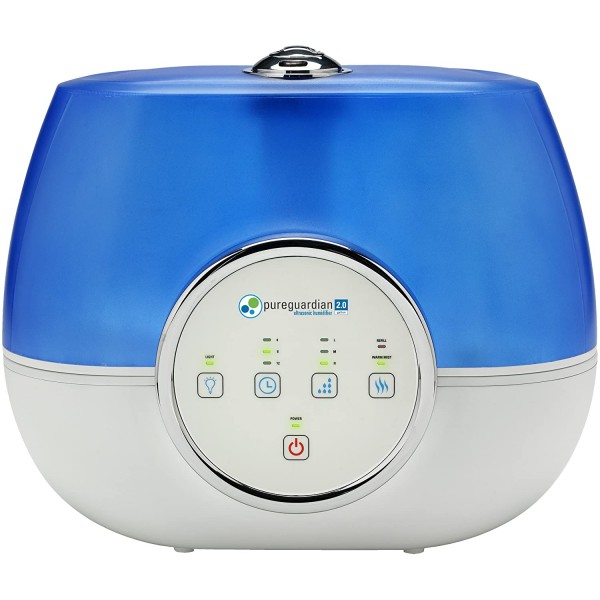 Pure Guardian H4810AR Ultrasonic Warm and Cool Mist Humidifier, 120 Hrs. Run Time, 2 Gal. Tank, 600 Sq. Ft. Coverage, Large Rooms, Quiet, Filter Free, Silver Clean Treated Tank, Essential Oil Tray