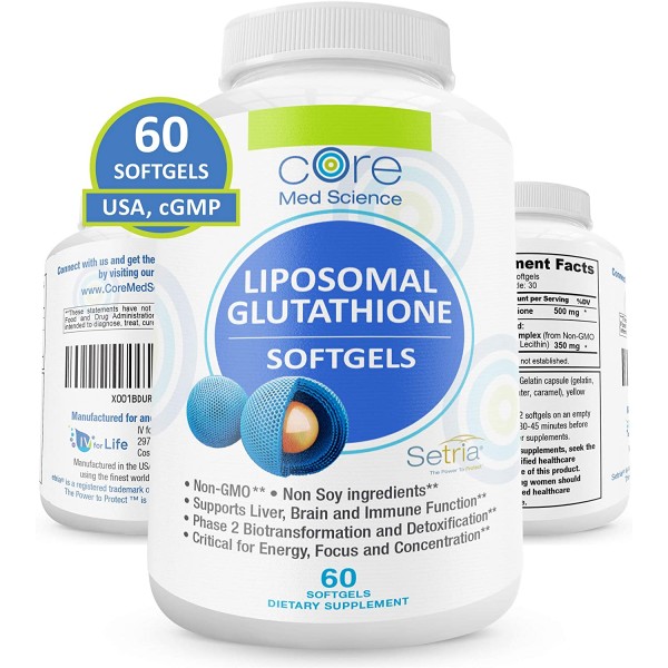 Liposomal Glutathione Softgels NO-Taste - Pure Reduced Setria® Glutathione 500mg - Liver Detox, Brain Function - China-Free Glutathione, Soy-Free Gluten-Free Dairy-Free Non-GMO - 60 Softgels