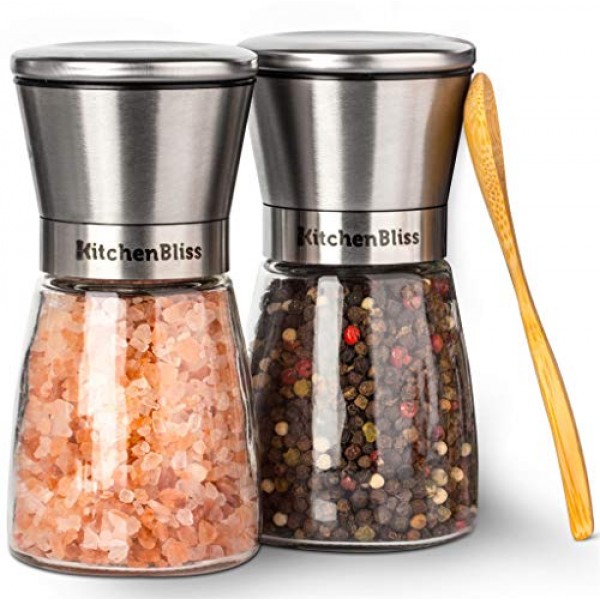 Professional Salt and Pepper Grinder Set – Premium Stainless Steel Salt and Pepper Shakers with Ceramic Spice Grinder Mill for Adjustable Coarseness - Free Bonus.