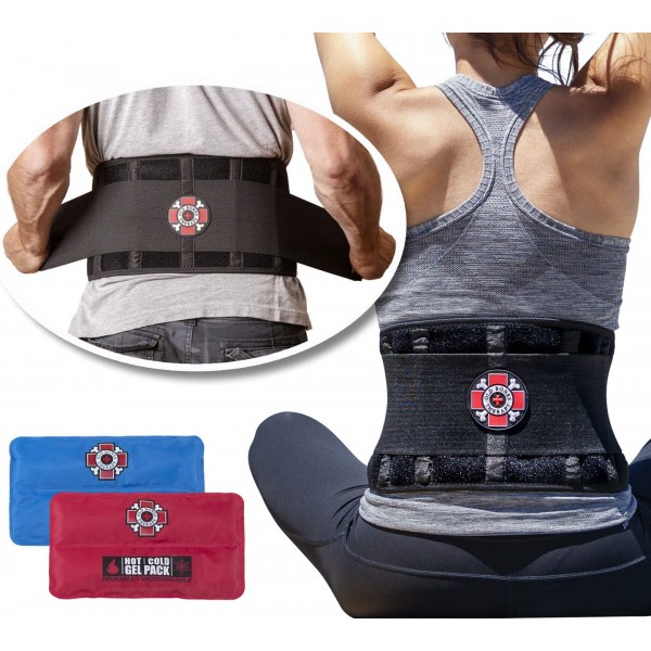 Old Bones Therapy Lower Back Brace with Adjustable Straps and Heat Ice Gel Pack | Lumbar Support for Immediate Relief (Back Brace + Gel Packs, S/M, Fits 27-34 Inches)