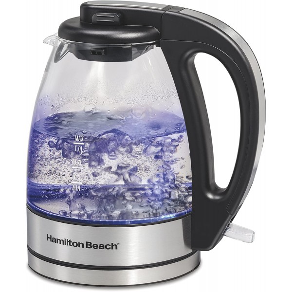 Hamilton Beach Glass Electric Tea Kettle, Water Boiler & Heater, 1 L, Cordless, LED Indicator, Auto-Shutoff & Boil-Dry Protection (40930), Clear