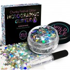 Cosmetic Glitter For Face, Body and Hair - Chunky Silver Holographic Glitter Mix - Versatile Festival Accessories, Rave Glitter and Beauty Makeup - Includes Long Lasting Fix Gel So You Can Shimmer Str