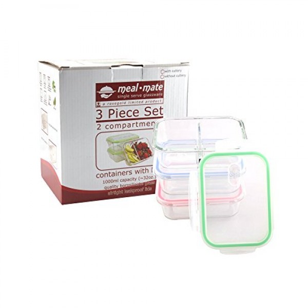 Glass Food Storage Meal Prep 2 Compartment with Airtight Vented Lid Oven Safe 32oz. Capacity