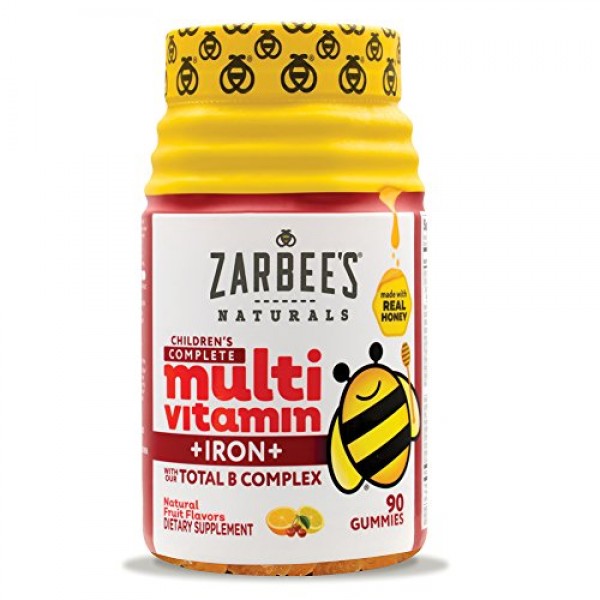 Zarbee's Naturals Children's Complete Multivitamin + Iron Gummies with Our Total B Complex and Essential Vitamins, Natural Fruit Flavors, 90 Gummies