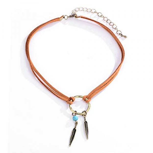 R&Q Choker Necklace Native American Bohemian Leather Feather Charms for Women sale in UAE