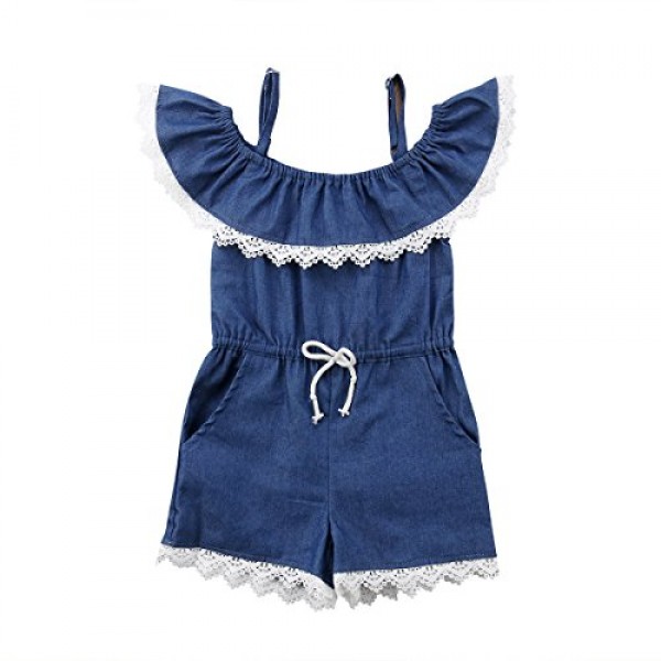 toddler little girl demin off shoulder ruffle pocket romper jumpsuit shop online in UAE