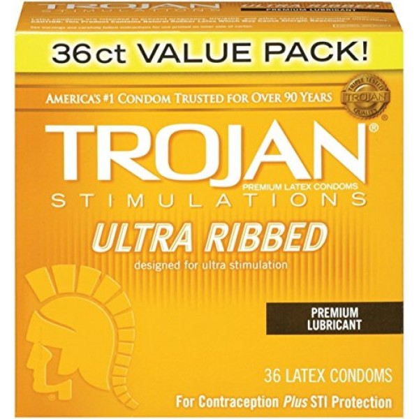 Trojan Ultra Ribbed Lubricated Condoms, 5 Boxes (36 Condoms)