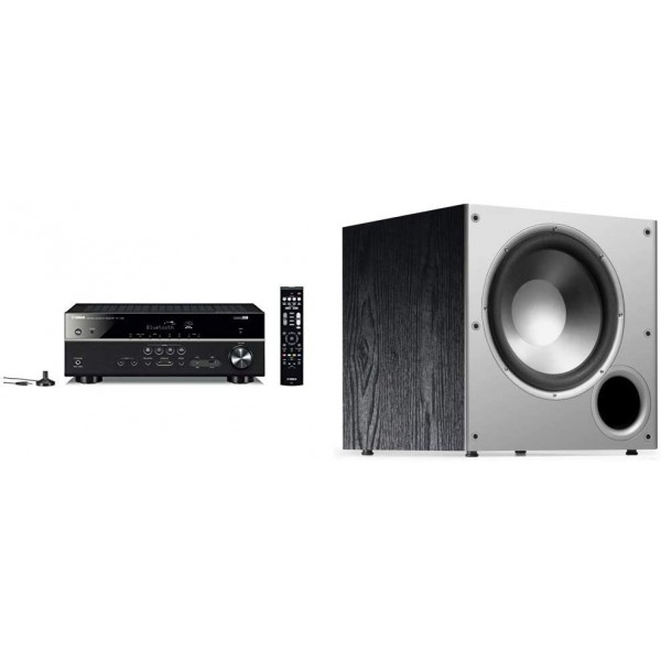 Yamaha RX-V385 5.1-Channel 4K Ultra HD AV Receiver with Bluetooth & Polk Audio PSW10 10" Powered Subwoofer - Featuring High Current Amp and Low-Pass Filter | Big Bass at a Great Value