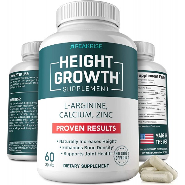 Height Growth Vitamin Pills - L-Arginine Calcium Zinc Supplement - Height Increase Vitamin Pills for Everybody - Without Growth Hormone - 60 Capsules