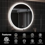 ROOMTEC 24" Round LED Bathroom Mirror, Wall-Mounted, 3-Color Dimmable, IP54 Waterproof, Smart Touch, Anti-Fog Vanity Makeup